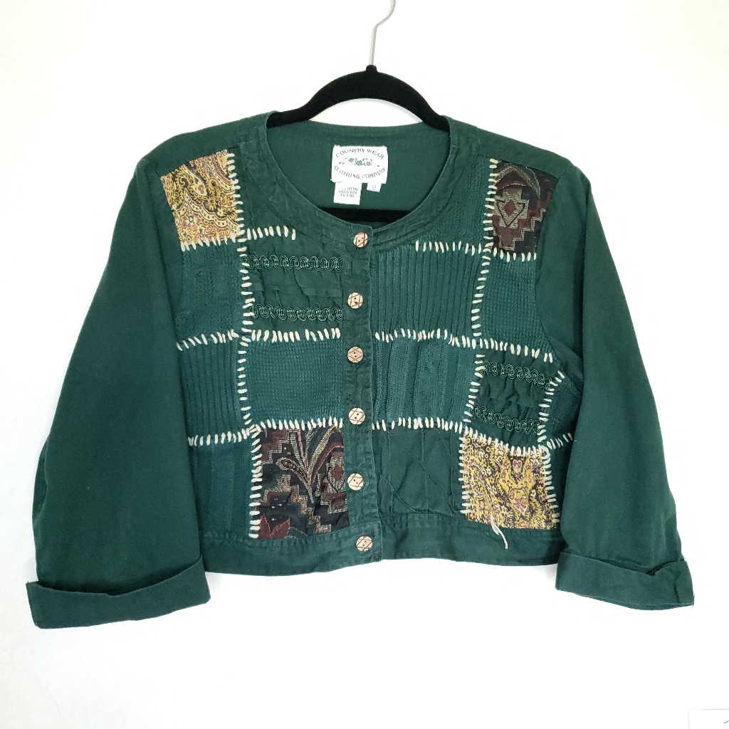 Patchwork Green Cropped Buttoned Jacket
